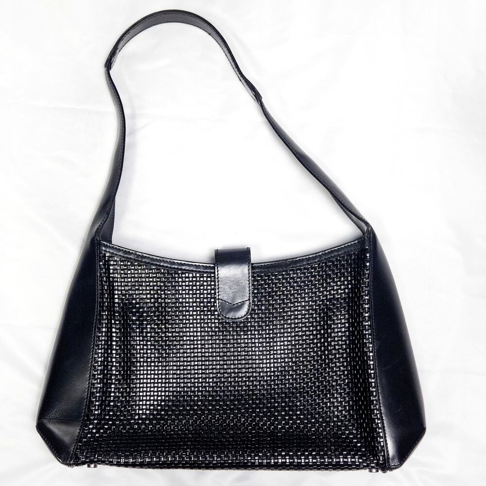Bally Woven Leather Shoulder Bag Black Structured Minimalist Quiet Luxury - Picture 2 of 12
